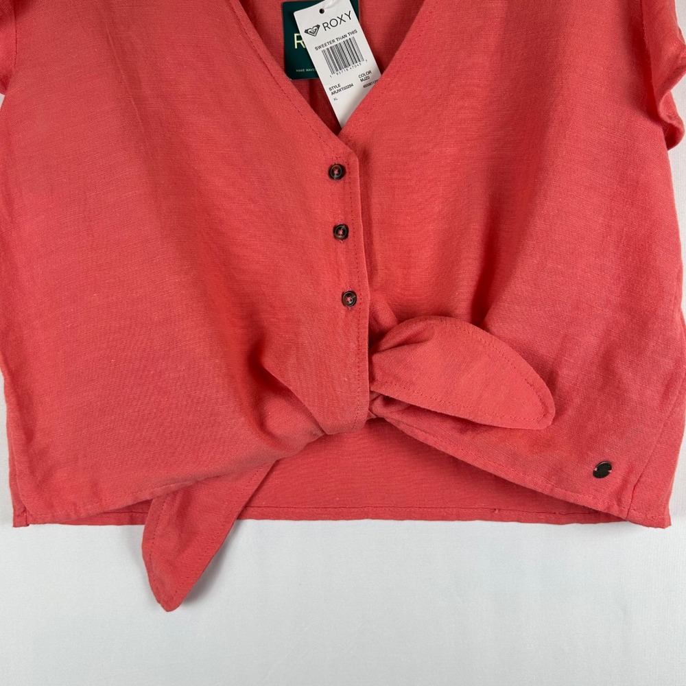 NWT Roxy Women's XL Sweeter Than This Button Up Tie Front Ruffle Sleeve Top - Picture 12 of 15